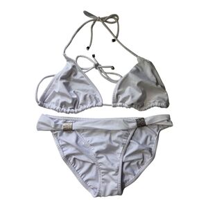 Venus Goddess Silver Metal Shimmer White Bikini Top & String Bottom Perfect D/10